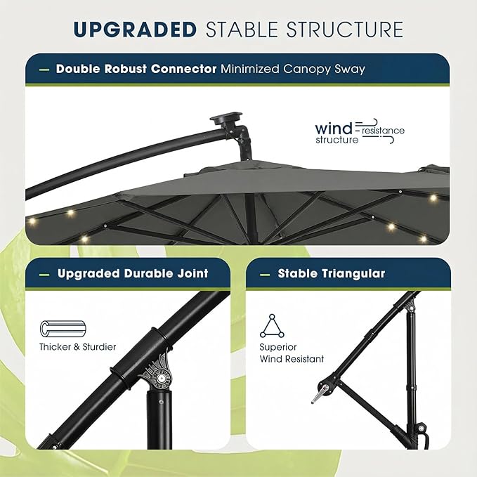 wikiwiki 10ft Solar LED Patio Umbrella with Base Included, Offset Umbrella with Weighted Sandbag Base, Cantilever Patio Umbrella for Backyard, Garden & Deck, 32 LED Lights & Polyester Shade, Dark Gray - Image 7