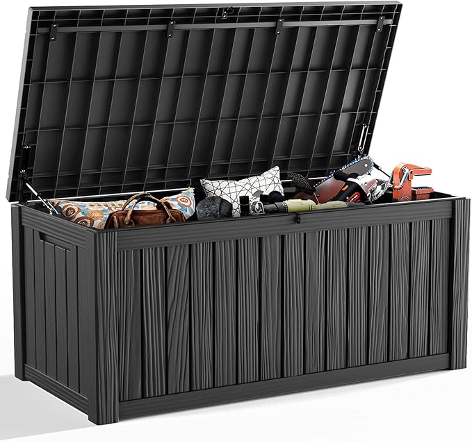 ROJIK 150 Gallon Outdoor Storage Box Waterproof - Patio Furniture Outside Deck Box, Garden Tools, Cushions, Pool Accessories Storage Bench with Lockable Lid and Side Handles (Black, 150 Gal) by ROJIK