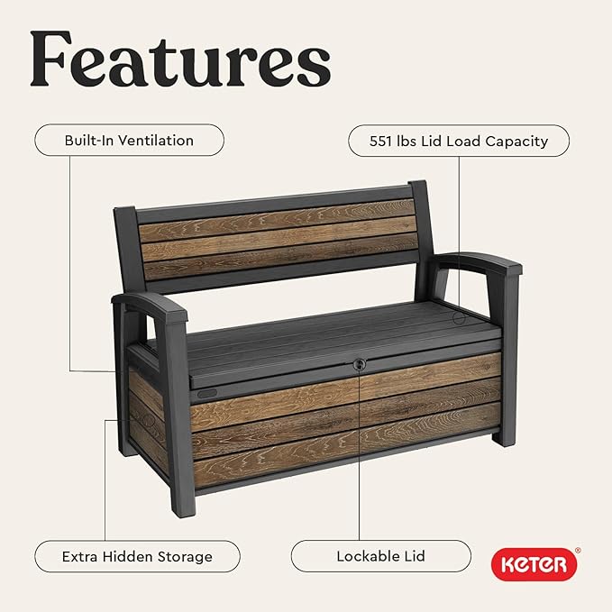 Keter Signature 60 Gallon Storage Bench Deck Box for Patio Furniture, Front Porch Decor and Outdoor Seating – Perfect to Store Garden Tools, Walnut - Image 4