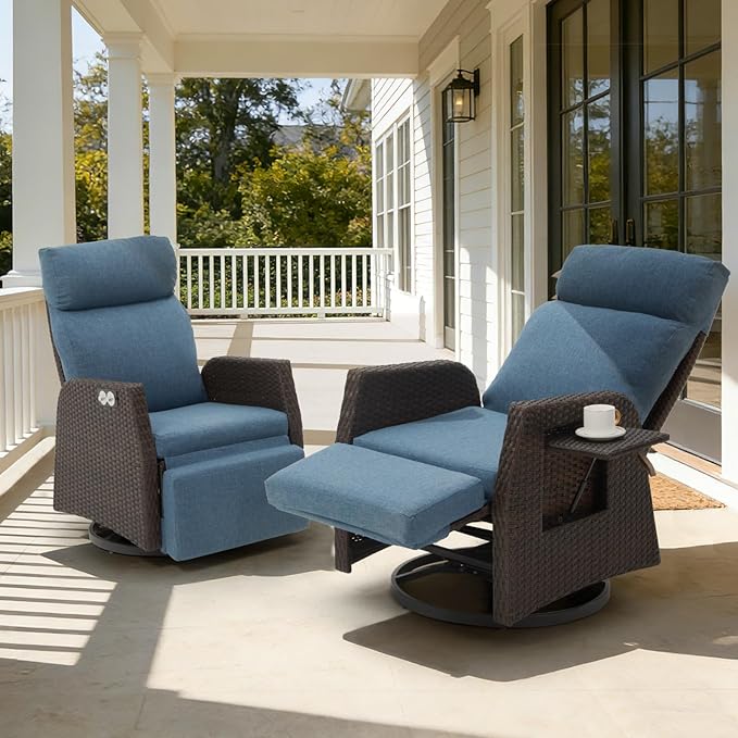Adjustable Outdoor Recliner Chair with Independent Backrest & Footrest, Patio Swivel Recliner Chair, Wicker Reclining Patio Chair w/Flip-Up Table, 155° Lay Flat Chaise Lounge, Blue, 2PCS by Unknown