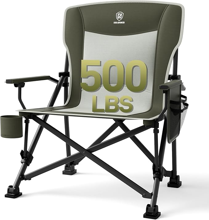 EVER ADVANCED Oversized Folding Camping Chair, for Adults Heavy Duty Lawn Chair with Side Pockets, Portable Collapsible Quad Chair for Outside, Support Up to 500lbs, Green by EVERADVANCED