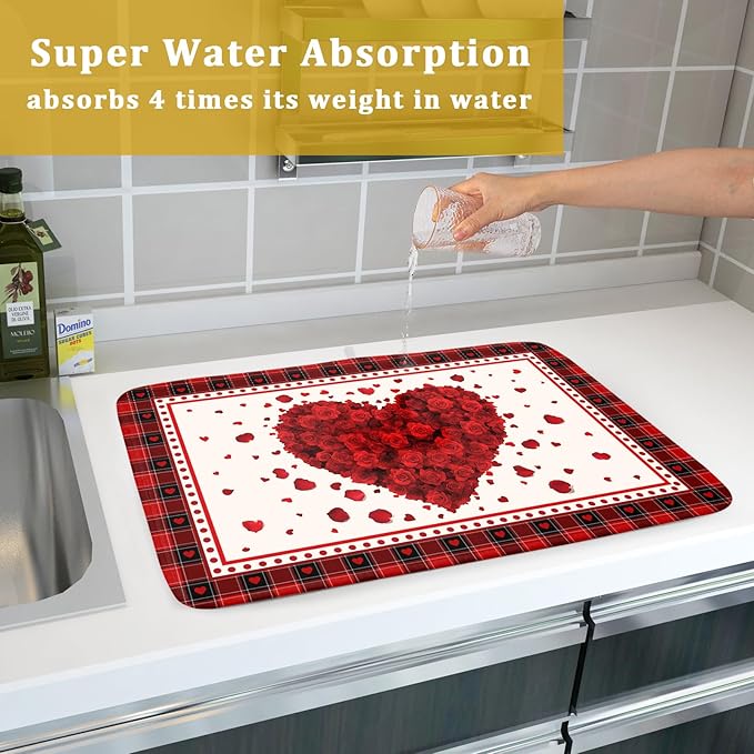 Giwawa Love Heart Dish Drying Mat 18x24 inch Valentines Day Red Rose Flowers - Image 7