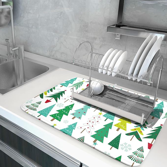 Green Trees Dish Drying Mat for Kitchen Counter Holiday Super Absorbent - Image 5