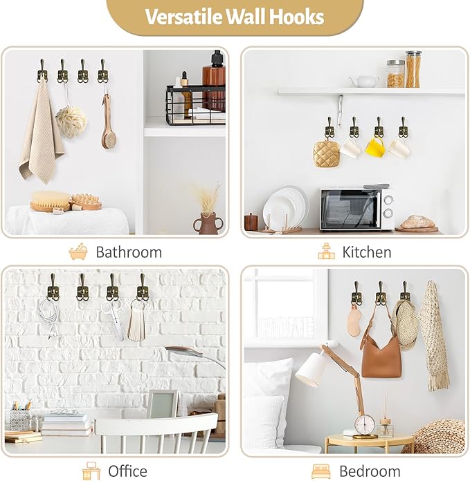 VIS'V Coat Hooks Wall Mount, Metal Self Adhesive 3 Prong Coat Hanger Hooks - Image 7