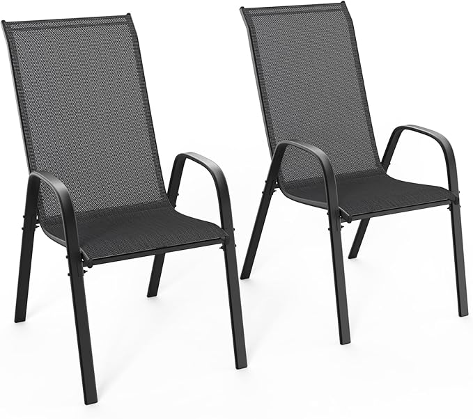 VINGLI Patio Chairs Set of 2 – Stackable Outdoor Dining Chairs with Comfortable Sling High Back Chairs and Armrests for Lawn, Poolside, Courtyard, Balcony, Garden, Black by VINGLI