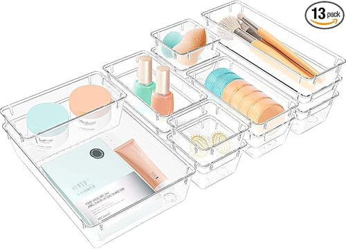 13 PCS Clear Plastic Drawer Organizers Set, 4 Size Desk Drawer Organizer Trays by StorMiracle
