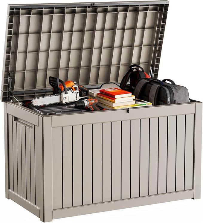 DRATO 280 Gallon Deck Box, Waterproof Resin Large Outdoor Storgae Box for Patio Furniture, Patio Cushions, Gardening Tools, Pool Supplies, Lockable（Gray，280 Gallon） by DRATOprovidesawarmandcozy