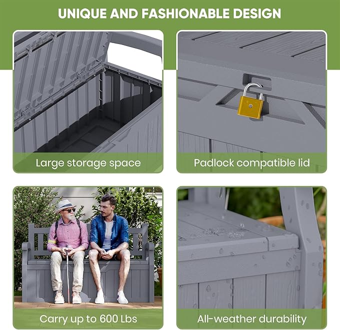 Patiowell 75 Gallon Plastic Storage Bench, Water-Resistant Deck Box for Patio Furniture, Garden Tools, Pool Storage and Outdoor Cushions, Grey - Image 6