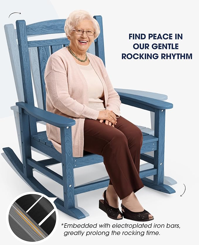 KINGYES HDPE Outdoor Rocking Chair, Widened Seat Patio Rocking Chair, Oversized All Weather Patio Rocker, Navy - Image 7
