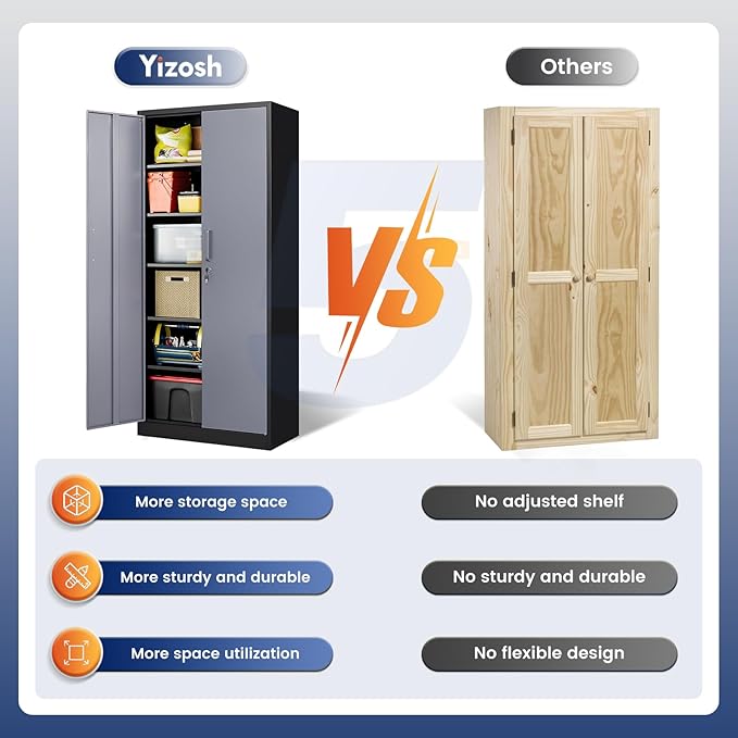 Yizosh Metal Garage Storage Cabinet with 2 Doors and 5 Adjustable Shelves - 71" Steel Lockable File Cabinet,Locking Tool Cabinets for Office,Home,Garage,Gym,School (Gray Black) - Image 7