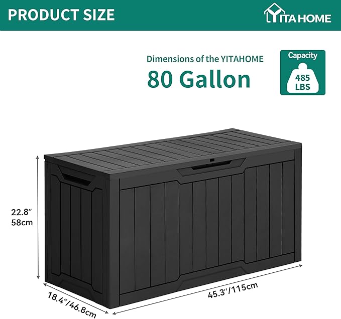 YITAHOME 80 Gallon Outdoor Storage Box, Large Water Resistant Resin Deck Box, Indoor Outdoor Lockable Storage Container for Patio, Garden, Cushions, Tools, Equipment (Black) - Image 7
