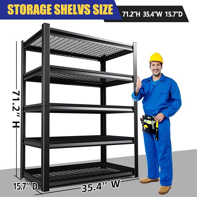71"H Garage Shelving-3000LBS 5 Tier Storage Shelves,Adjustable Heavy Duty Metal Shelving Unit and Storage Large Wire Rack,Utility Steel Shelf For Shop Warehouse Industrial Pantry Basement 71"x35"x16" - Image 3