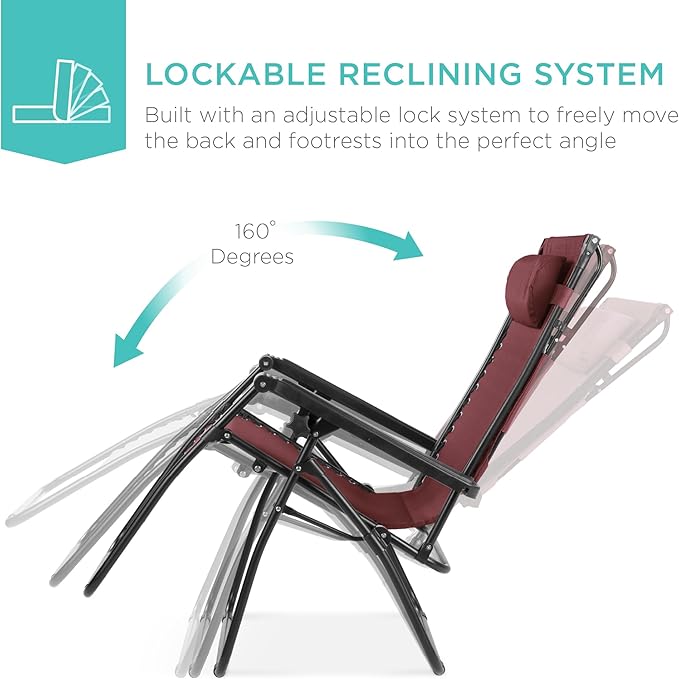 Best Choice Products Folding Zero Gravity Outdoor Recliner Patio Lounge Chair w/Adjustable Canopy Shade, Headrest, Side Accessory Tray, Textilene Mesh - Burgundy - Image 4