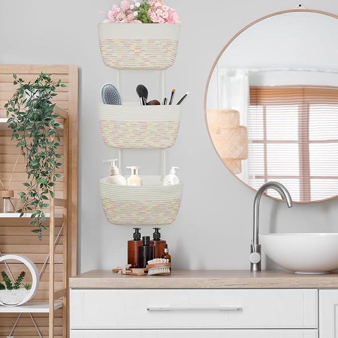 TeoKJ 3-Tier Woven Cotton Wall-Mounted Hanging Storage Baskets, Over the Door - Image 8