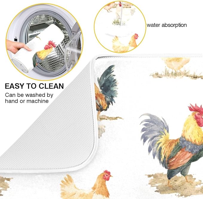 Tarity Watercolor Chickens And Rooster Dish Drying Mat - Image 2