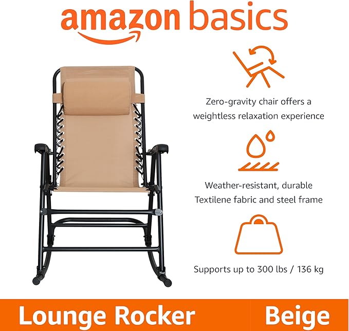 Amazon Basics Outdoor Portable Folding Rocking Chair with Headrest, Ergonomic Design, Weather-resistant Patio Reclining Lounge Chair for Porch, 33.6 x 37.4 x 26 inch, Beige - Image 4