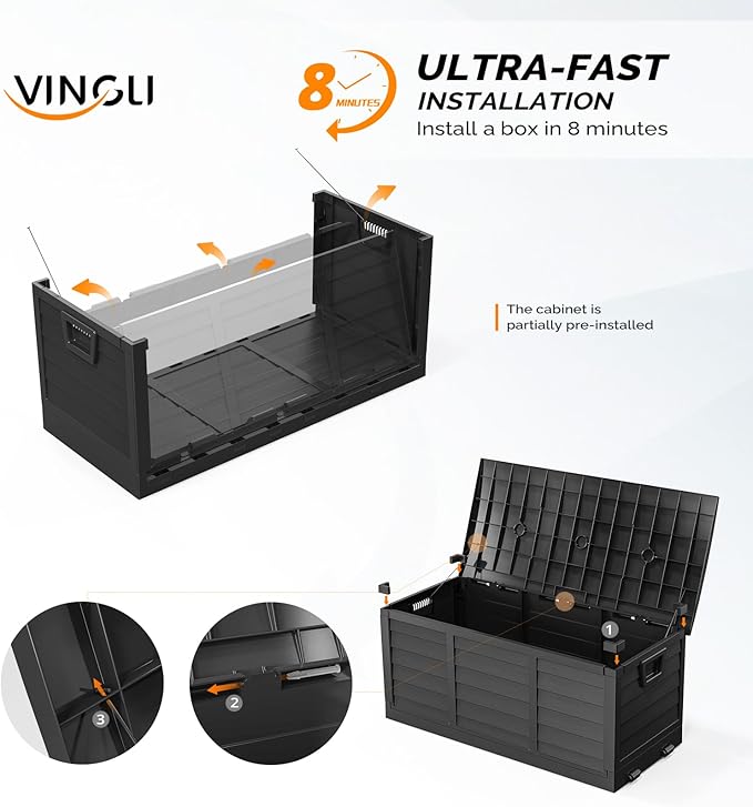 VINGLI 75 Gallon Collapsible Outdoor Storage Box, Simple-to-assemble Plastic Storage Containers with Lid, Patio Deck Box Furniture for Garden, Pool, Balcony, Yard (Full Black) - Image 2