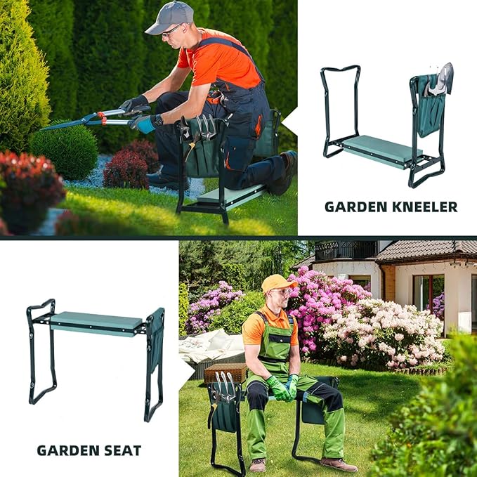 2-in-1 Garden Kneeler & Seat, Folding Seat w/EVA Foam Kneeling Pad & Removable Tools Pouch, Sturdy Steel Frame, No Assembly, Portable Heavy Duty Garden Stool for Women & Men - Image 4