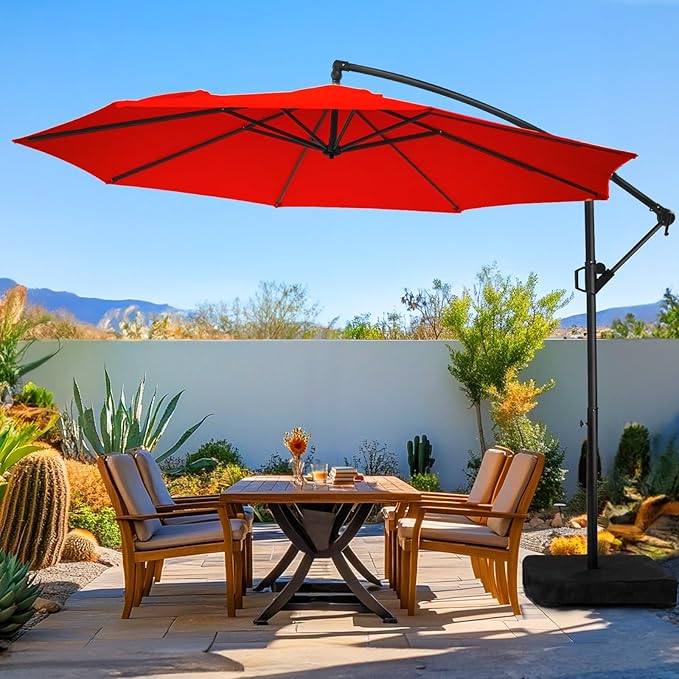 wikiwiki 10ft Patio Umbrella with Base Included, Outdoor Offset Cantilever Umbrella, Infinite Tilt, Crank and Cross Base, Light Red by WikiwikiPatioUmbrellas