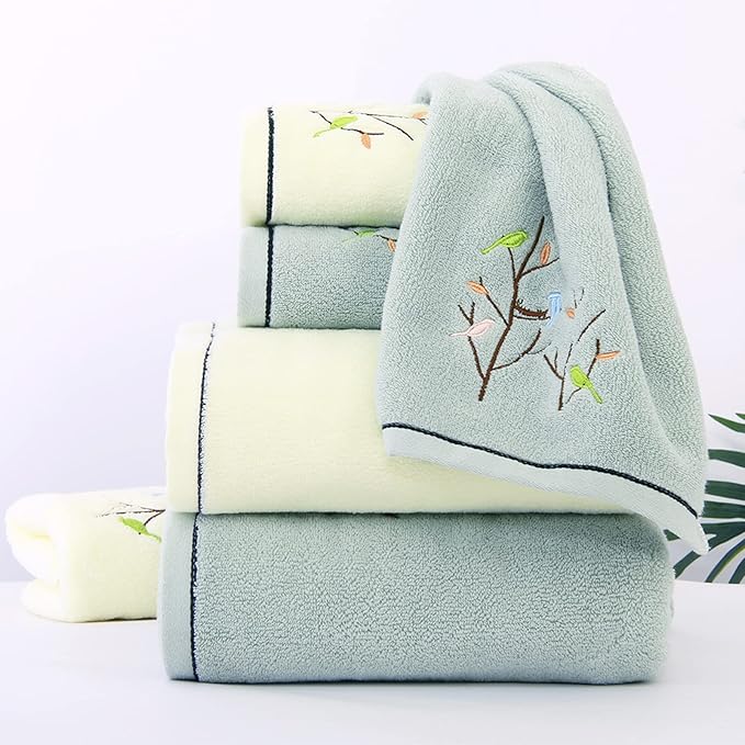 Pidada Bath Towel Embroidered Bird Tree Pattern 100% Cotton Soft Absorbent - Image 5