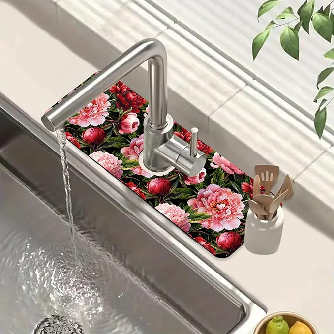 Blooming Peony Kitchen Sink Splash Guard Faucet Mat Pink Peony Flowers Super by Unknown