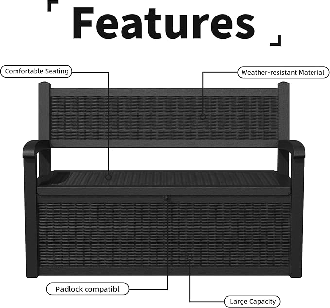 80 Gallon Outdoor Storage Bench Deck Box Waterproof Lockable,Outdoor Storage Furniture for Patio,Garden and Porch,Tools and Cushions（Black） - Image 8