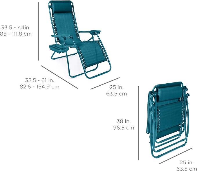 Best Choice Products Set of 2 Adjustable Steel Mesh Zero Gravity Lounge Chair Recliners w/Pillows and Cup Holder Trays - Peacock - Image 2