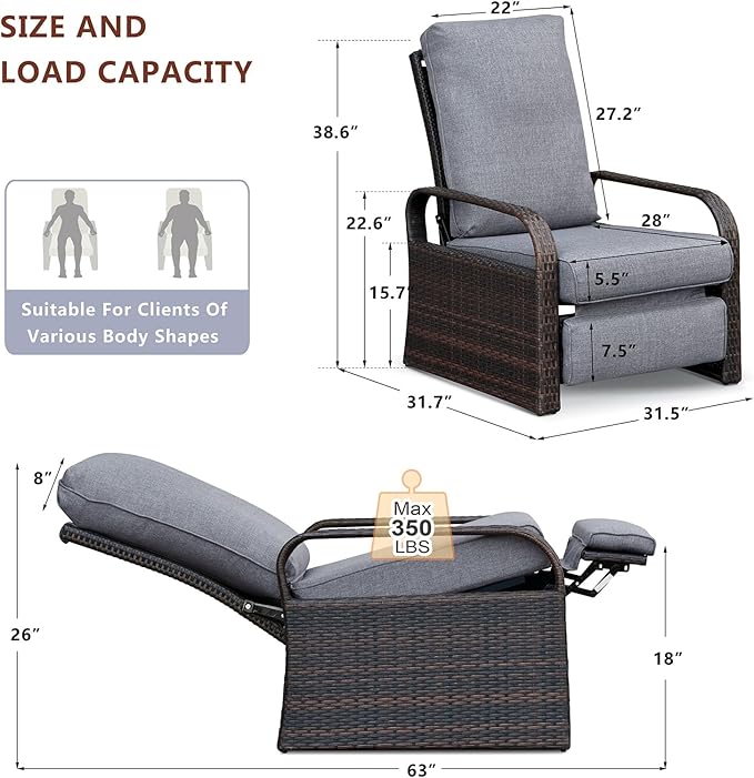 ATR ART TO REAL Outdoor Wicker Recliner Chair with 5.5'' Cushions, Automatic Adjustable Patio Chaise Lounge Chairs, Aluminum Frame Reclining Chair, UV Resistant, Rustless (Grey) - Image 2