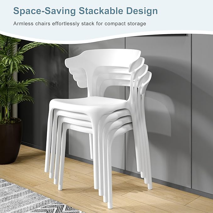 VECELO 4 Pack Plastic Stacking Chairs, Stackable Dining Chairs for Kitchen Restaurant Patio, Portable Indoor Outdoor Use, No Assembly Required, White - Image 4