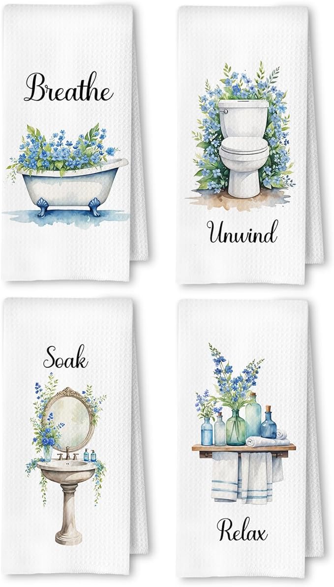 Farmhouse Blue Botanical Bathroom Hand Towels, Rustic Cottagecore Relax Breathe by Unknown