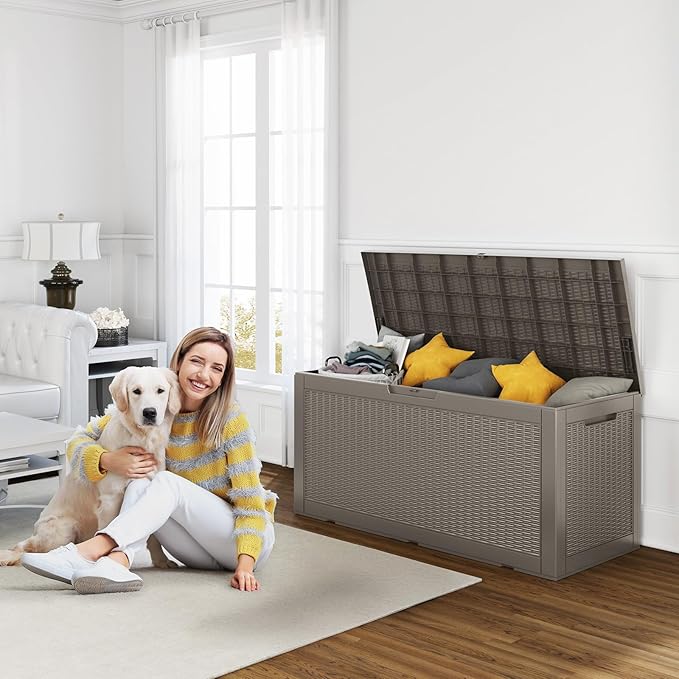 ROJIK Outdoor Storage Housing Deck Box - Waterproof Patio Furniture, Garden Tools, Cushions, Pool Accessories Storage Bench with Lockable Lid and Side Handles (Grey 110 Gal) - Image 7