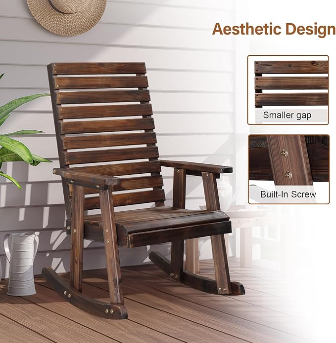 VINGLI Wooden Rocking Chair with High Backrest, Solid Fir Wood, Heavy Duty 600 LBS Patio Rockers for Indoor and Outdoor, Garden, Yard, Patio, Rustic - Image 5