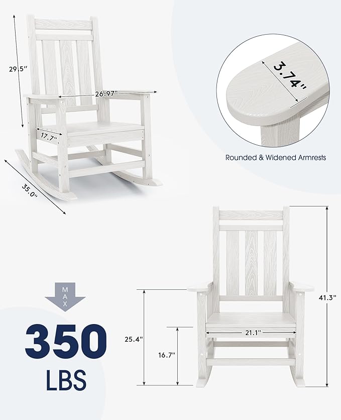 KINGYES Oversized Outdoor Rocking Chair Set of 4, All-Weather Patio Rocking Chairs for Porch, HDPE Outdoor Patio Rockers with High Back & Wide Seat for Garden, Lawn, White - Image 3