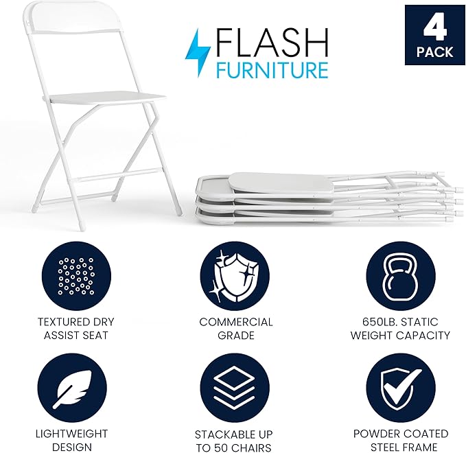 Flash Furniture Hercules Series Plastic Folding Chair - White - 4 Pack 650LB Weight Capacity Comfortable Event Chair-Lightweight Folding Chair - Image 3