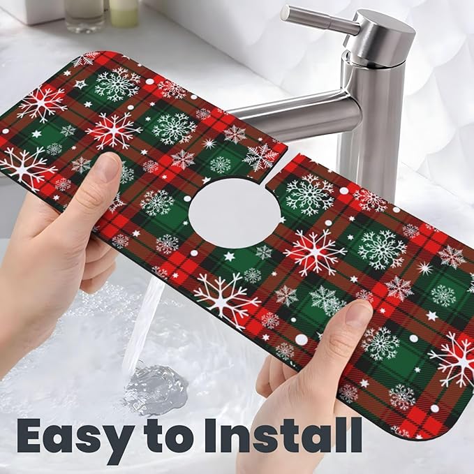 Merry Christmas Snowflakes Red Green Lattice Plaid Kitchen Sink Splash Guard - Image 6