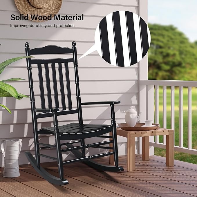 VINGLI Wooden Rocking Chair, Outdoor Chair with 450 lbs Support, Relaxing Rocker with Solid Wood High Back Seat Reclining Seat for Deck, Garden, Backyard, Porch, Indoor or Outdoor Use (Black, 2PCS) - Image 6