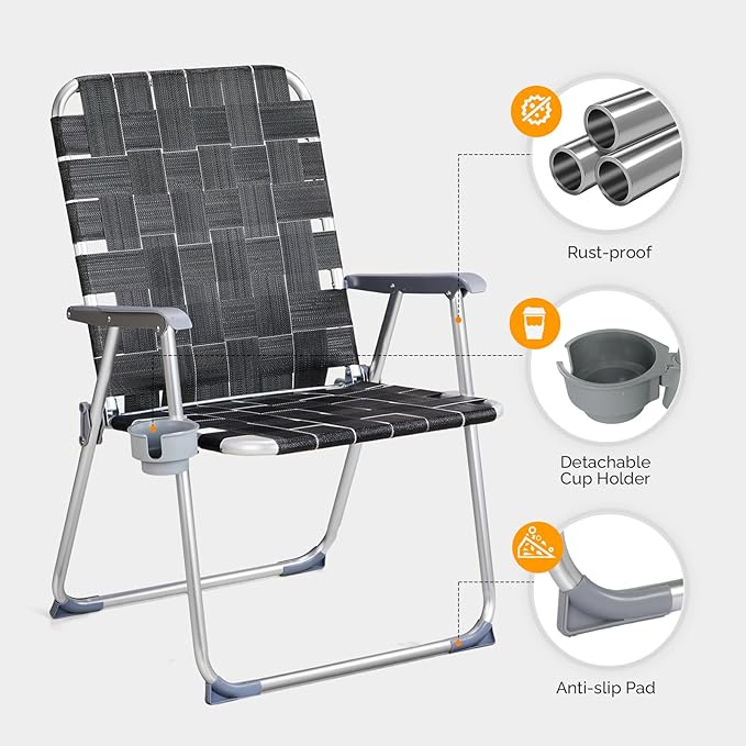 VINGLI Aluminum Oversize Patio Lawn Chairs Folding Set of 2 with Detachable Cup Holder, Webbed Beach Chair Folding Chair Outdoor Portable Camping Chair for Yard, Garden - Image 4