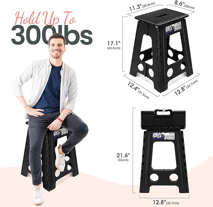 Delxo Folding Step Stool 17.5 Inch Non-Slip Foldable Stools for Kids & Adults Up to 300 LBS Kitchen Collapsible Fold Up Stepping Stool with Dotted 1 Pack Black - Image 3