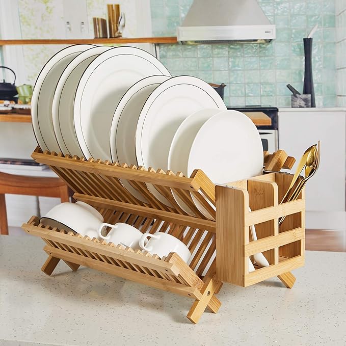 Bamboo Dish Drying Rack-2 Tier, Collapsible Small Dish Rack - Image 8