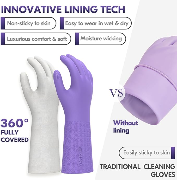 Vgo... Household Cleaning Gloves, Double-layer, Lined Dishwashing Gloves - Image 2
