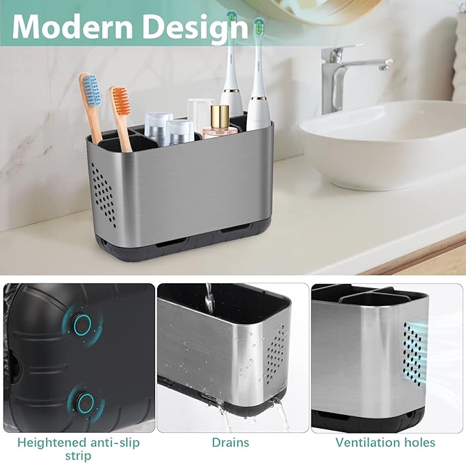 Boperzi Toothbrush and Toothpaste Holder Brushed Nickel Drainage - Image 2