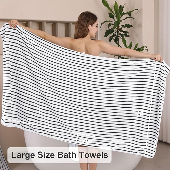 Oliven 8 Pcs Black White Cabana Stripe Large Bath Towel Set Oversize Bath - Image 3