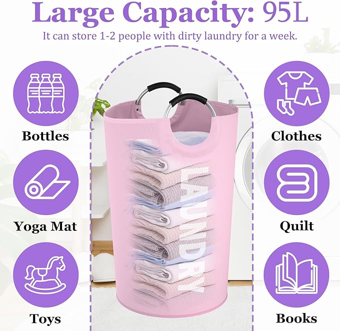 125L Pink Laundry Basket, Extra Large Clothes Basket - Image 2
