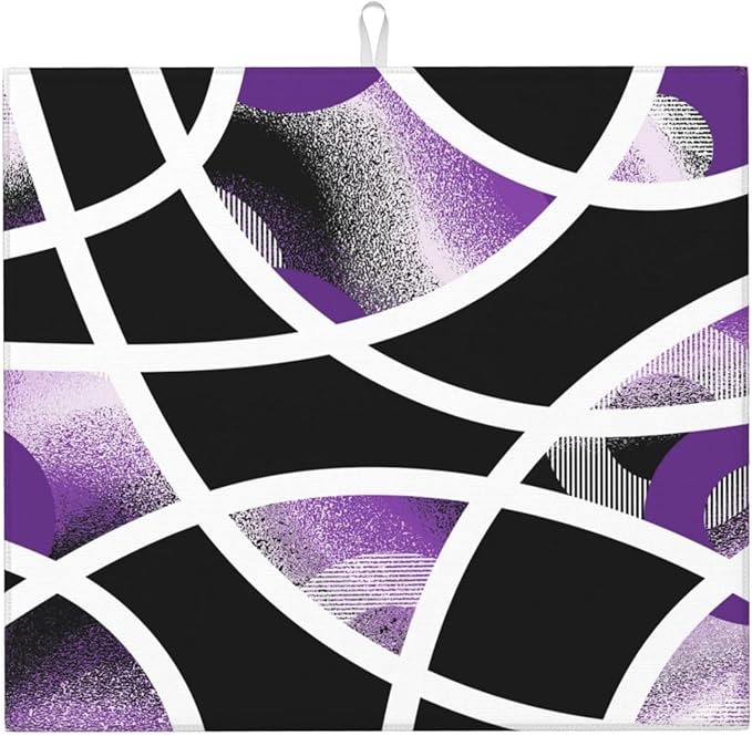 Purple Black White Geometric Abstract Dish Drying Mat by Unknown