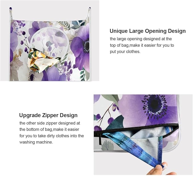 Purple and White Silver Lotus Flowers and Berries Hanging Laundry Hamper Door - Image 4