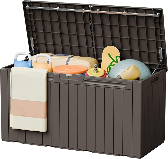 Greesum 110 Gallon Outdoor Storage Box with Lockable Lid, All-Weather Solution for Patio Furniture, Pool Supplies & Garden Tools, Waterproof, UV-Resistant Large Deck Box, Brown by BuynowfromGreesum