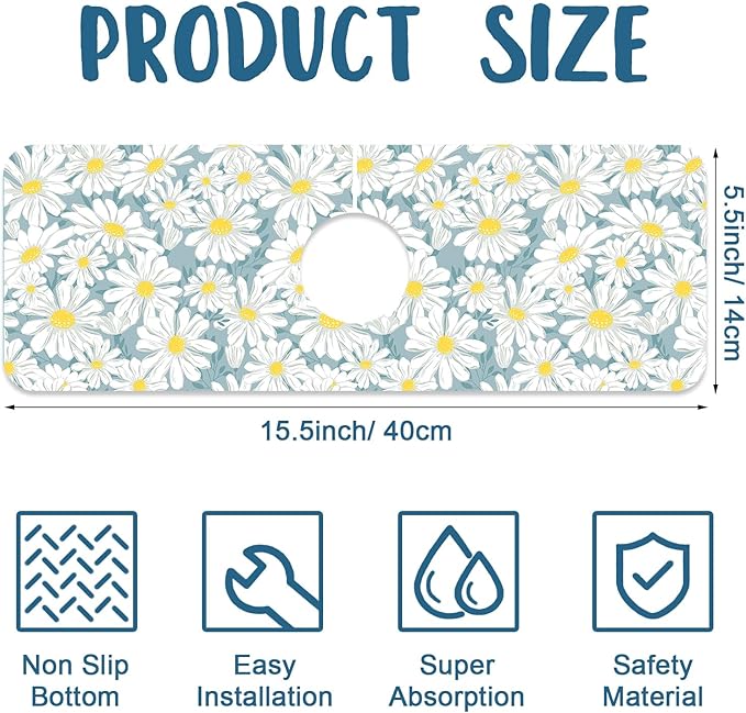 White Flower Sink Splash Guard Cute Chamomile Faucet Absorbing Mat Fast Drying - Image 2