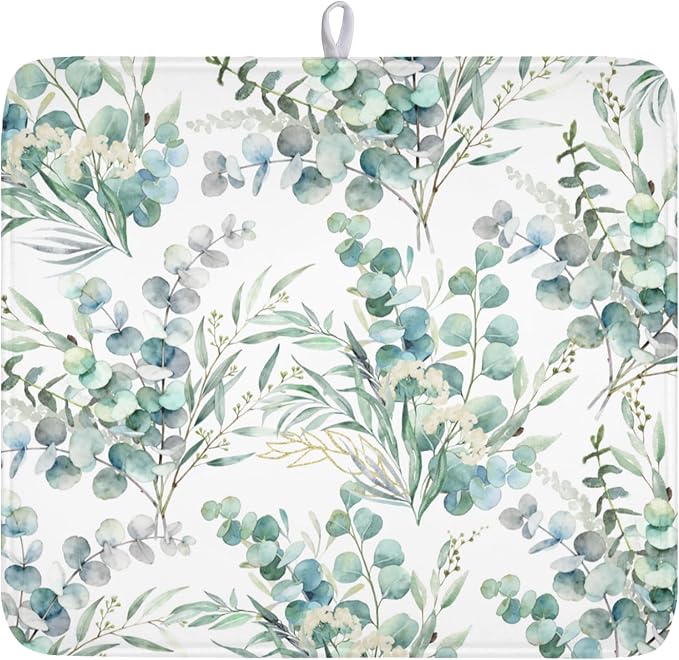 Spring Sage Green Leaves Dish Drying Mat by Kawani