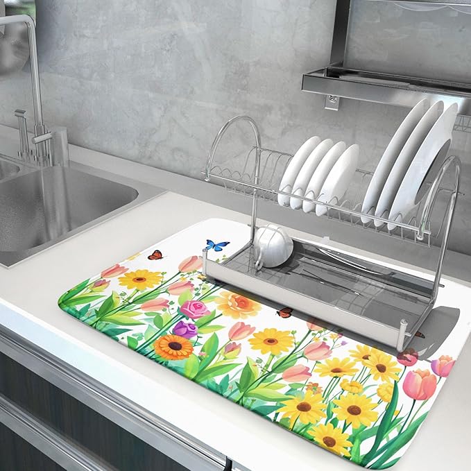 Hello Spring Flowers Green Dish Drying Mat 18 x 24 Inch - Image 5