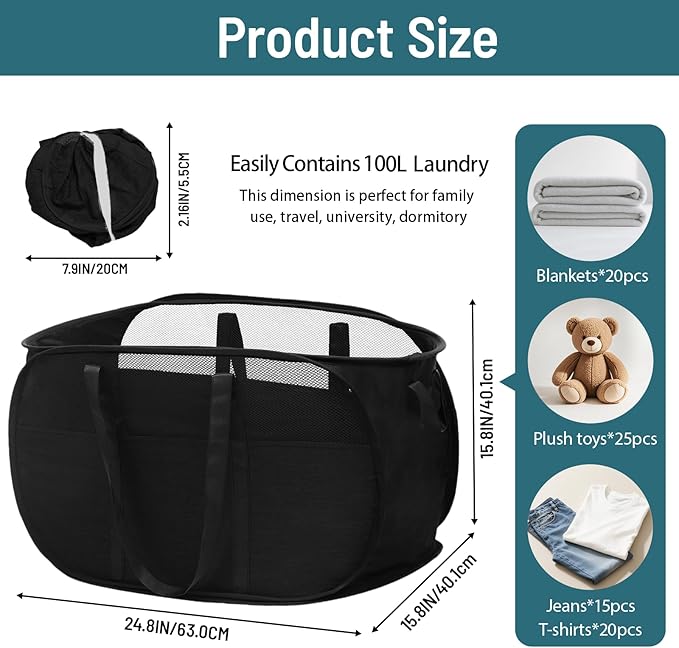 100L Collapsible Laundry Baskets, Tear Proof Pop Up Laundry Hamper - Image 4